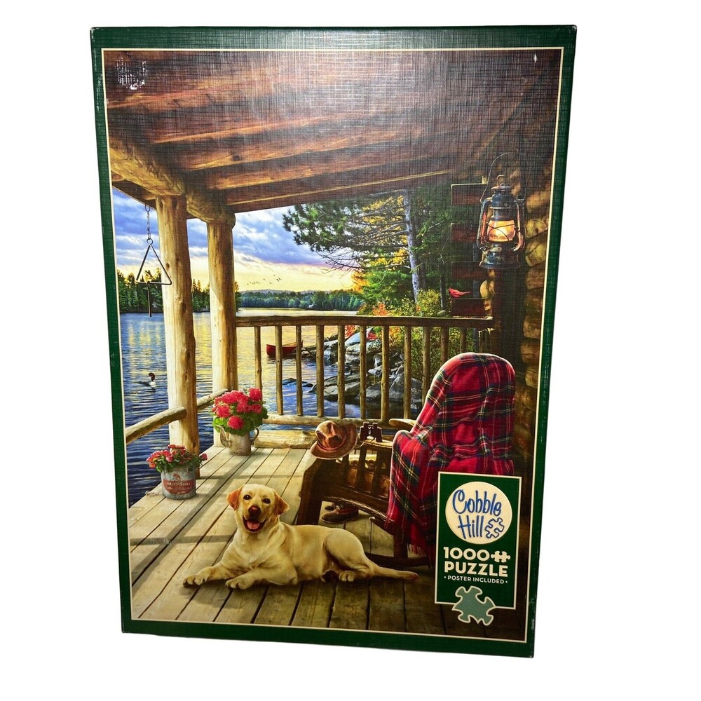 Jigsaw Puzzle 1000 Piece Cabin Porch White Lab 19 x 27 USA